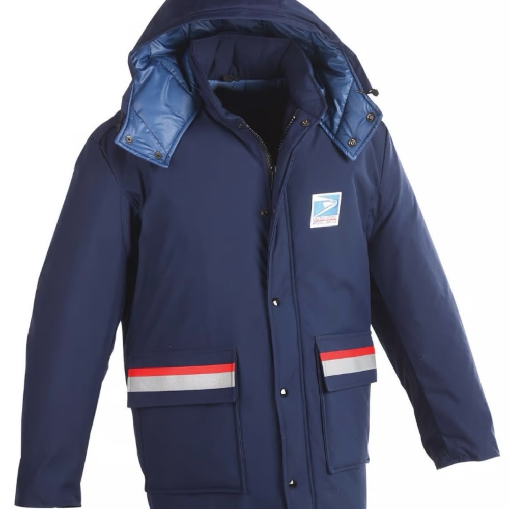 USPS Blue Puffer Jacket with Hood and Stripes